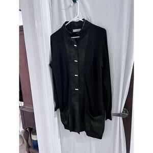 D. Exterior Made In Italy Black Wool Faux Leather Trim Snap Front Cardigan M